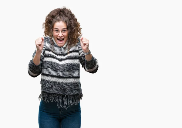 Mooie Brunette Krullend Haar Jong Meisje Dragen Bril Geïsoleerde Achtergrond — Stockfoto