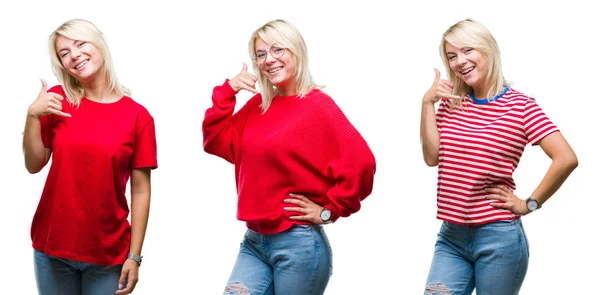 Colagem Bela Mulher Loira Vestindo Casual Vermelho Sobre Fundo Isolado — Fotografia de Stock