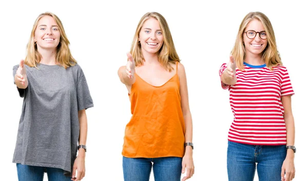 Colagem Bela Mulher Loira Sobre Fundo Isolado Branco Sorrindo Amigável — Fotografia de Stock