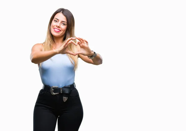 Genç Güzel Şık Kadını Aşık Kalp Simgesi Elleriyle Şekil Gösteren — Stok fotoğraf
