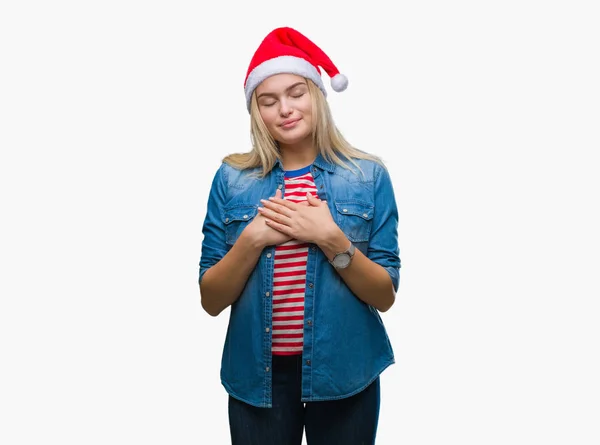 Mulher Caucasiana Jovem Usando Chapéu Natal Sobre Fundo Isolado Sorrindo — Fotografia de Stock