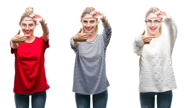 Collage Van Jonge Mooie Blonde Vrouw Geïsoleerde Achtergrond Glimlachend Maken — Stockfoto