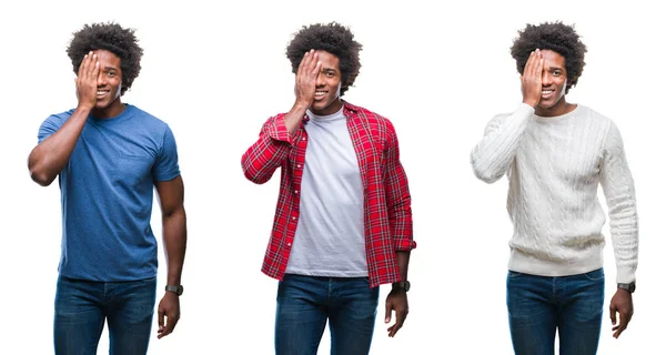 Colagem Afro Americano Jovem Bonito Homem Sobre Fundo Isolado Cobrindo — Fotografia de Stock