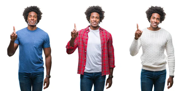 分離背景表示と自信を持って 幸せな笑みを浮かべて 指番号のいずれかで上向きにアフリカ系アメリカ人の若いハンサムな男のコラージュ — ストック写真