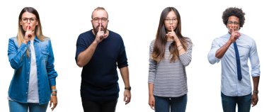 Kolaj bir grup genç iş adamları dudaklarında parmak ile sessiz olmanı izole arka plan üzerinde. Sessizlik ve gizli kavramı.