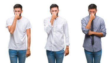 Yakışıklı genç Hintli hayrete ve el ile sunulması ve parmak ile işaret ederken kameraya gülümseyen izole arka plan üzerine kolaj.