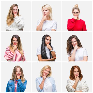 Kolaj bir grup genç ve üst düzey kadın emin çapraz kollar ve çeneme kaldırdı el ile gülümseme ile kameraya bakarak izole arka plan üzerinde. Pozitif düşünce.