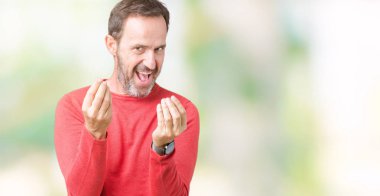 Maaş ödeme için milyoner iş soran üzerinde kış kazak giyen yakışıklı orta yaş ağarmış üst düzey adam arka plan yapıyor para hareketi el ile izole