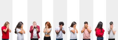 Kolaj farklı etnik genç insanların üzgün ifadeyle yüz eller ile ağlayarak süre kapsayan beyaz çizgili izole arka plan üzerinde. Depresyon kavramı.