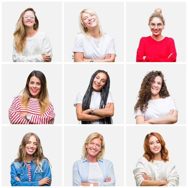 Collage of group of young and senior women over isolated background happy face smiling with crossed arms looking at the camera. Positive person.