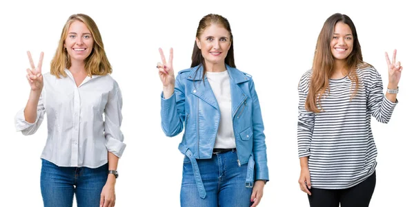 Collage Grupp Tre Vackra Kvinnor Över Vit Isolerade Bakgrund Visar — Stockfoto