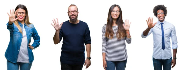 Колаж Групи Молодих Бізнесменів Над Ізольованим Тлом Показує Вказує Пальцями — стокове фото