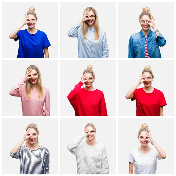 Collage of young beautiful blonde woman over white isolated background doing ok gesture with hand smiling, eye looking through fingers with happy face.