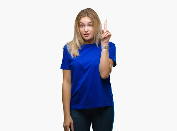 Young Caucasian Woman Isolated Background Pointing Finger Successful Idea Exited — Stock Photo, Image