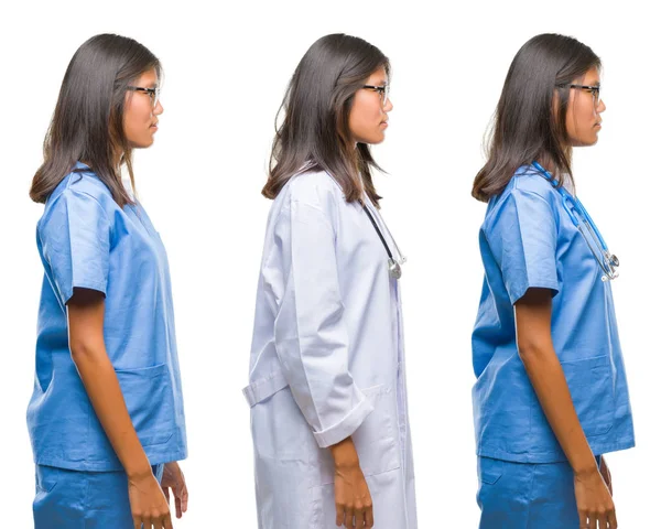 Collage Asian Young Surgeon Doctor Nurse Woman Standing White Isolated — Stock Photo, Image