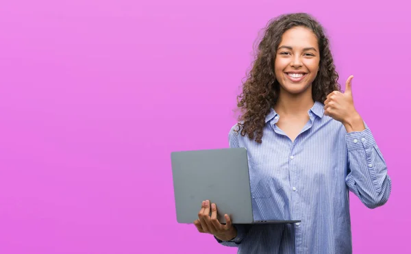 Young Hispanic Woman Holding Computer Laptop Happy Big Smile Doing — Stock Photo, Image