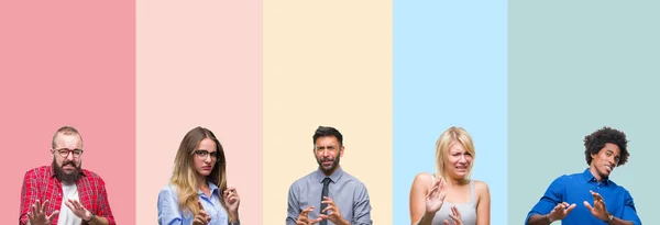 Collage Diverse Etnie Giovani Strisce Colorate Sfondo Isolato Espressione Disgustata — Foto Stock