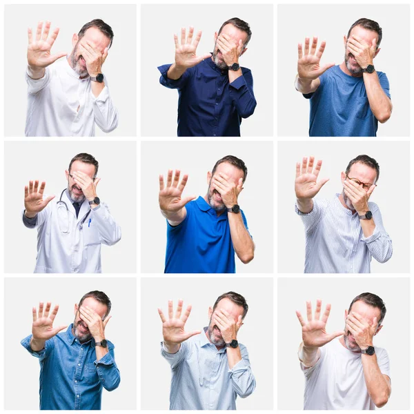 Collage Senior Hoary Elegant Man White Isolated Background Covering Eyes — Stock Photo, Image