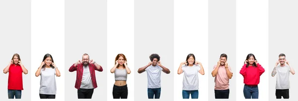 不同的种族青年人的拼贴在白色条纹被隔绝的背景覆盖耳朵与手指与愤怒的表示为大声的音乐的噪声 聋哑人的概念 — 图库照片