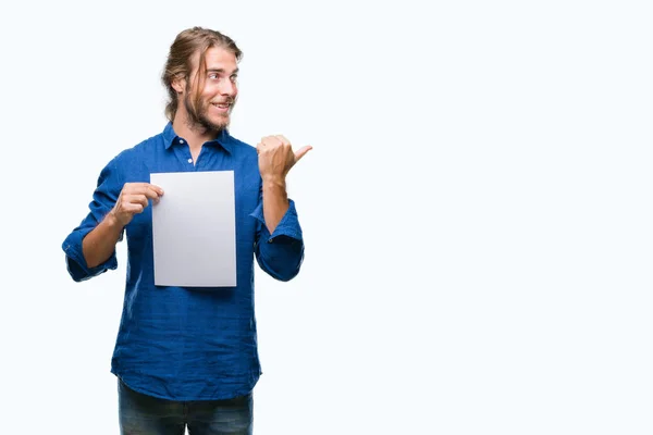 Young Handsome Man Long Hair Isolated Background Holding Blank Paper — Stock Photo, Image