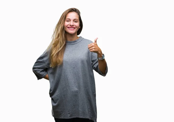 Young Beautiful Blonde Woman Isolated Background Doing Happy Thumbs Gesture — Stock Photo, Image