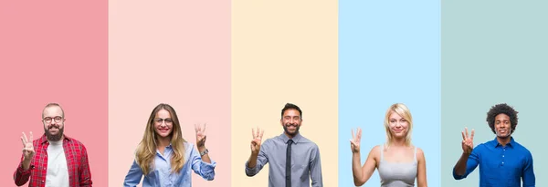 Collage Van Verschillende Etniciteit Jongeren Kleurrijke Strepen Geïsoleerde Achtergrond Weergeven — Stockfoto