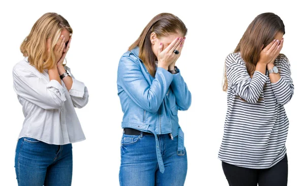 人の美しい女性のグループのコラージュは 泣きながら手で顔を覆っている悲しそうな表情と背景を分離しました うつ病の概念 — ストック写真