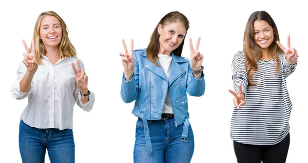 Collage Von Drei Schönen Frauen Vor Weißem Hintergrund Die Lächelnd — Stockfoto
