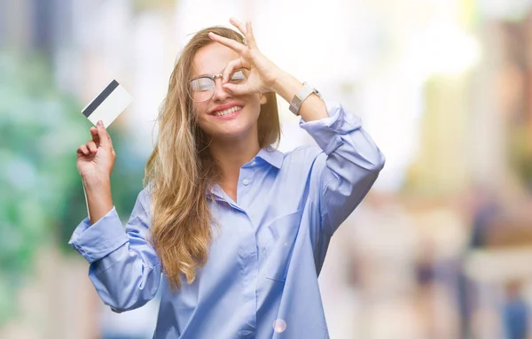 Young Beautiful Blonde Woman Holding Credit Card Isolated Background Happy — Stock Photo, Image