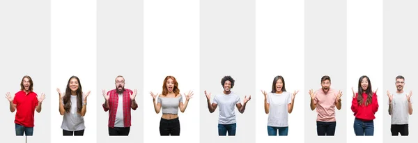 Collage Diferentes Etnias Jóvenes Sobre Rayas Blancas Fondo Aislado Celebrando —  Fotos de Stock