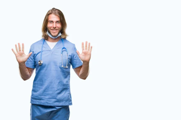 Young Handsome Doctor Man Long Hair Isolated Background Showing Pointing — Stock Photo, Image