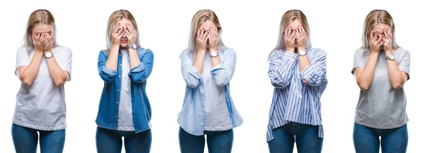 Collage Bella Bionda Giovane Donna Sfondo Isolato Con Espressione Triste — Foto Stock