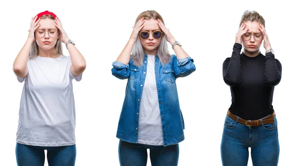 Collage Van Mooie Blonde Jonge Vrouw Bril Geïsoleerde Achtergrond Lijden — Stockfoto