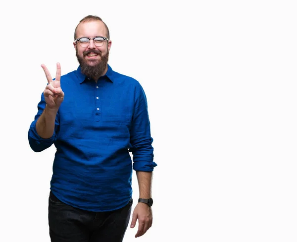 Joven Hombre Hipster Caucásico Con Gafas Sobre Fondo Aislado Mostrando —  Fotos de Stock