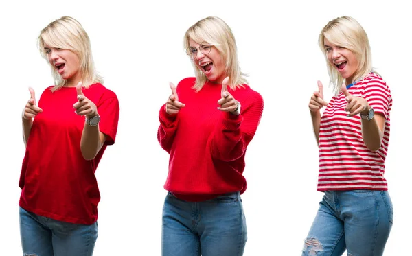 Colagem Bela Mulher Loira Vestindo Casual Vermelho Sobre Fundo Isolado — Fotografia de Stock