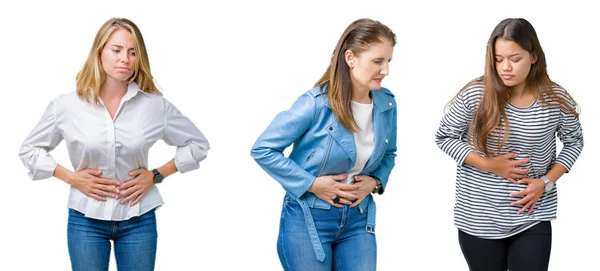 3名美女组在白色上孤立的背景与手在胃部由于消化不良 痛苦的疾病感觉不适 Ache — 图库照片