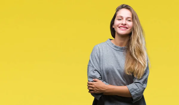 Joven Hermosa Mujer Rubia Sobre Fondo Aislado Cara Feliz Sonriendo —  Fotos de Stock