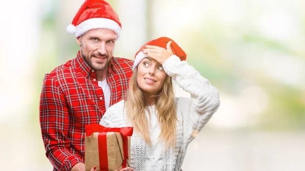 Genç Çift Noel Şapka Seviyorum Holding Ile Vurguladı Izole Arka — Stok fotoğraf