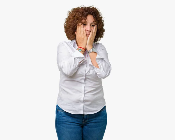 Bela Médio Ager Sênior Businees Mulher Sobre Isolado Fundo Cansado — Fotografia de Stock