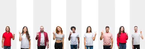 Collage Different Ethnics Young People White Stripes Isolated Background Showing — Stock Photo, Image