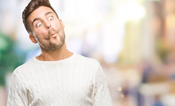 Joven Hombre Guapo Con Suéter Invierno Sobre Fondo Aislado Haciendo — Foto de Stock