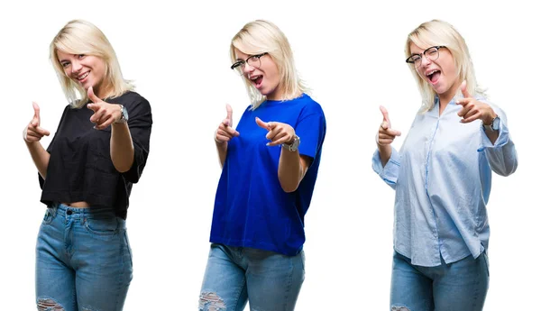 Collage Einer Schönen Blonden Frau Vor Isoliertem Hintergrund Die Mit — Stockfoto