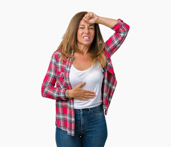 Mulher Meia Idade Bonita Vestindo Sobre Fundo Isolado Testa Tocante — Fotografia de Stock