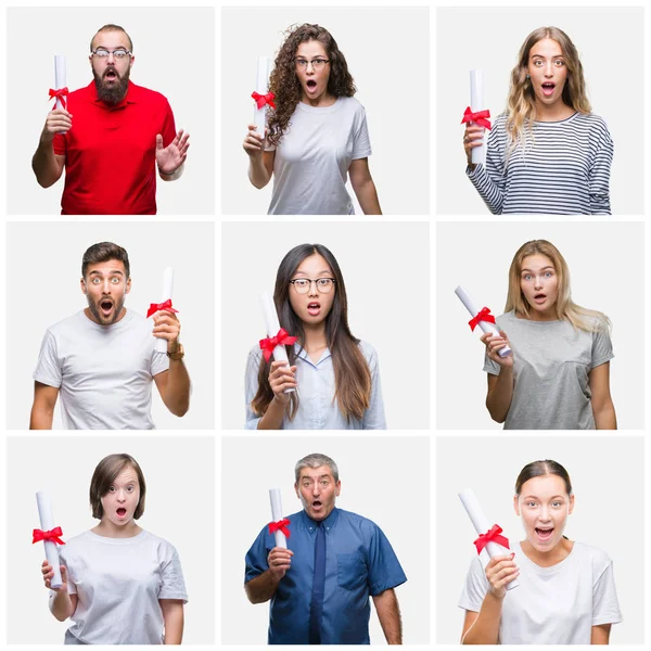 Collage Grupo Personas Sosteniendo Grado Colorido Aislado Fondo Asustado Shock — Foto de Stock