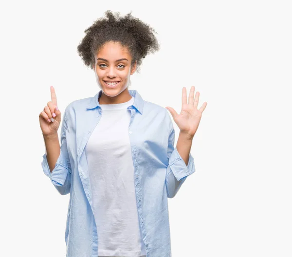 Young Afro American Woman Isolated Background Showing Pointing Fingers Number — Stock Photo, Image