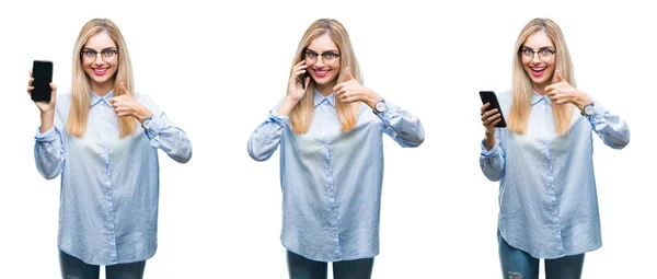 Collage Von Jungen Schönen Blonden Geschäftsfrau Mit Smartphone Über Isolierten — Stockfoto