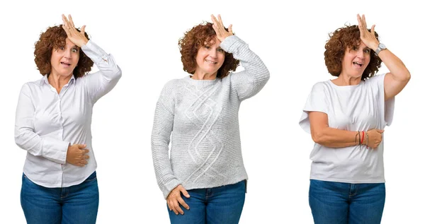 Collage Einer Älteren Geschäftsfrau Mittleren Alters Die Ein Weißes Shirt — Stockfoto