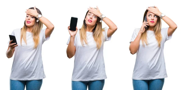 Collage Joven Hermosa Mujer Usando Teléfono Inteligente Sobre Fondo Aislado — Foto de Stock