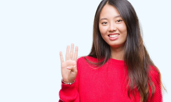 Jonge Aziatische Vrouw Dragen Winter Trui Geïsoleerde Achtergrond Weergeven Met — Stockfoto