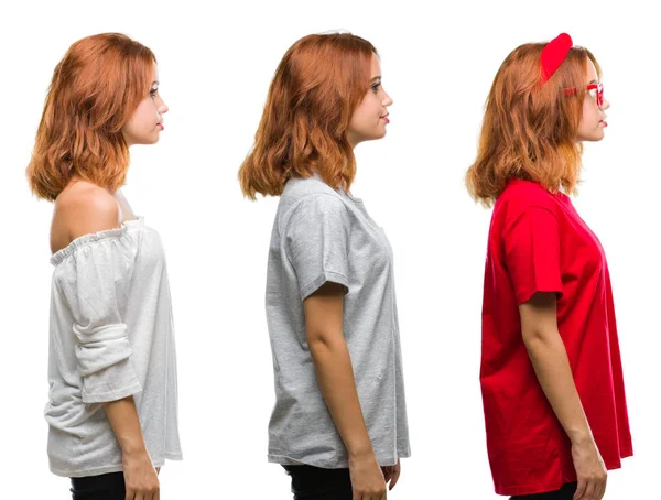 Kollázs Fiatal Gyönyörű Vörös Hajú Több Mint Elszigetelt Háttér Oldalon — Stock Fotó